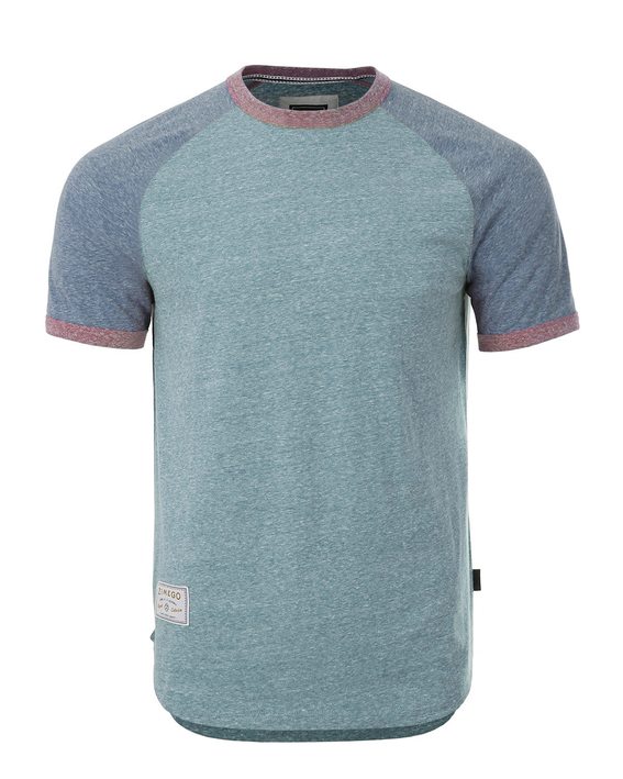 Teal raglan ringer T-shirt with contrast navy sleeves and pink crewneck trim