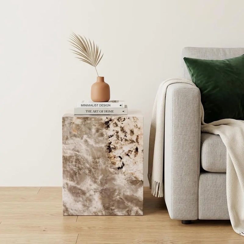 20" Beige Brown and Cream Concrete and Wood Square Block End Table Homeroots Living Room