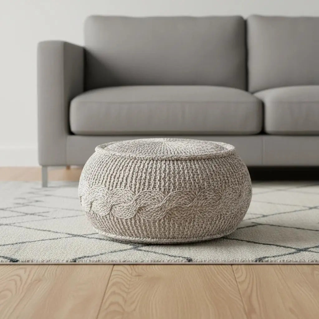 20" Beige Cotton Geometric Round Pouf Ottoman Homeroots Living Room