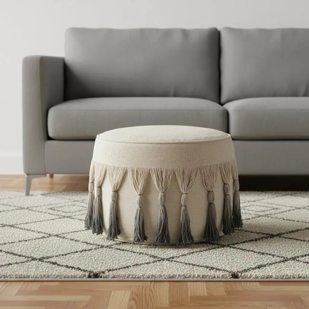 20" Beige Cotton Round Ombre Pouf Ottoman Homeroots Living Room