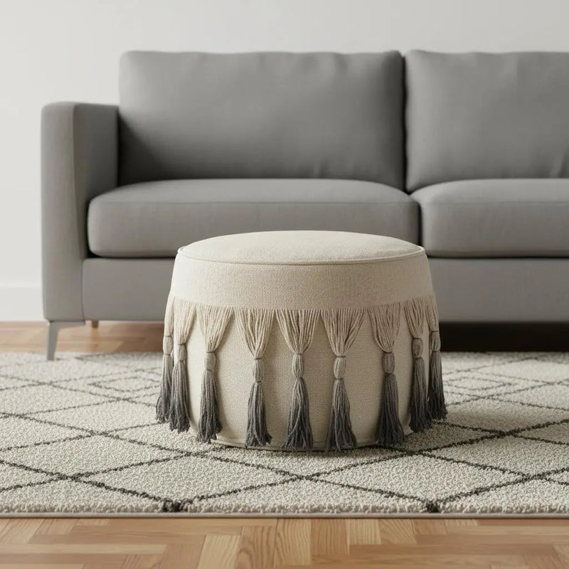20" Beige Cotton Round Ombre Pouf Ottoman Homeroots Living Room