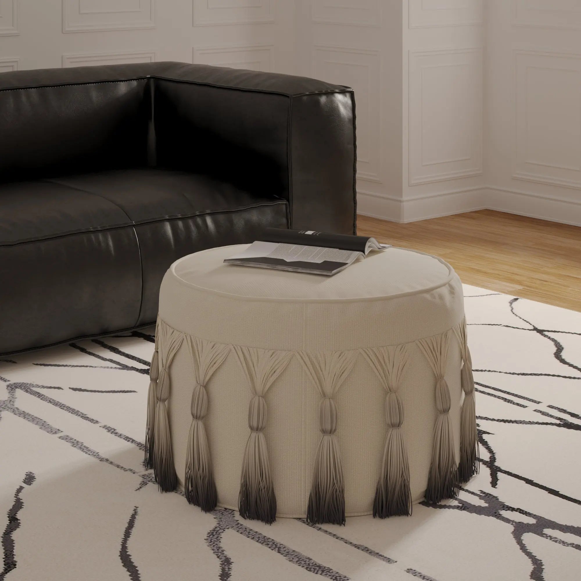20" Beige Cotton Round Ombre Pouf Ottoman Homeroots Living Room