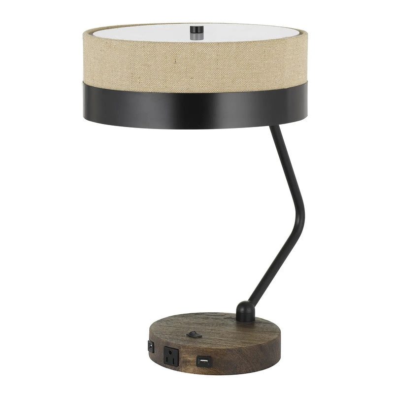 20" Black And Brown Wood And Metal Two Light USB Table Lamp With Beige And Black Shade - GreatEagleInc