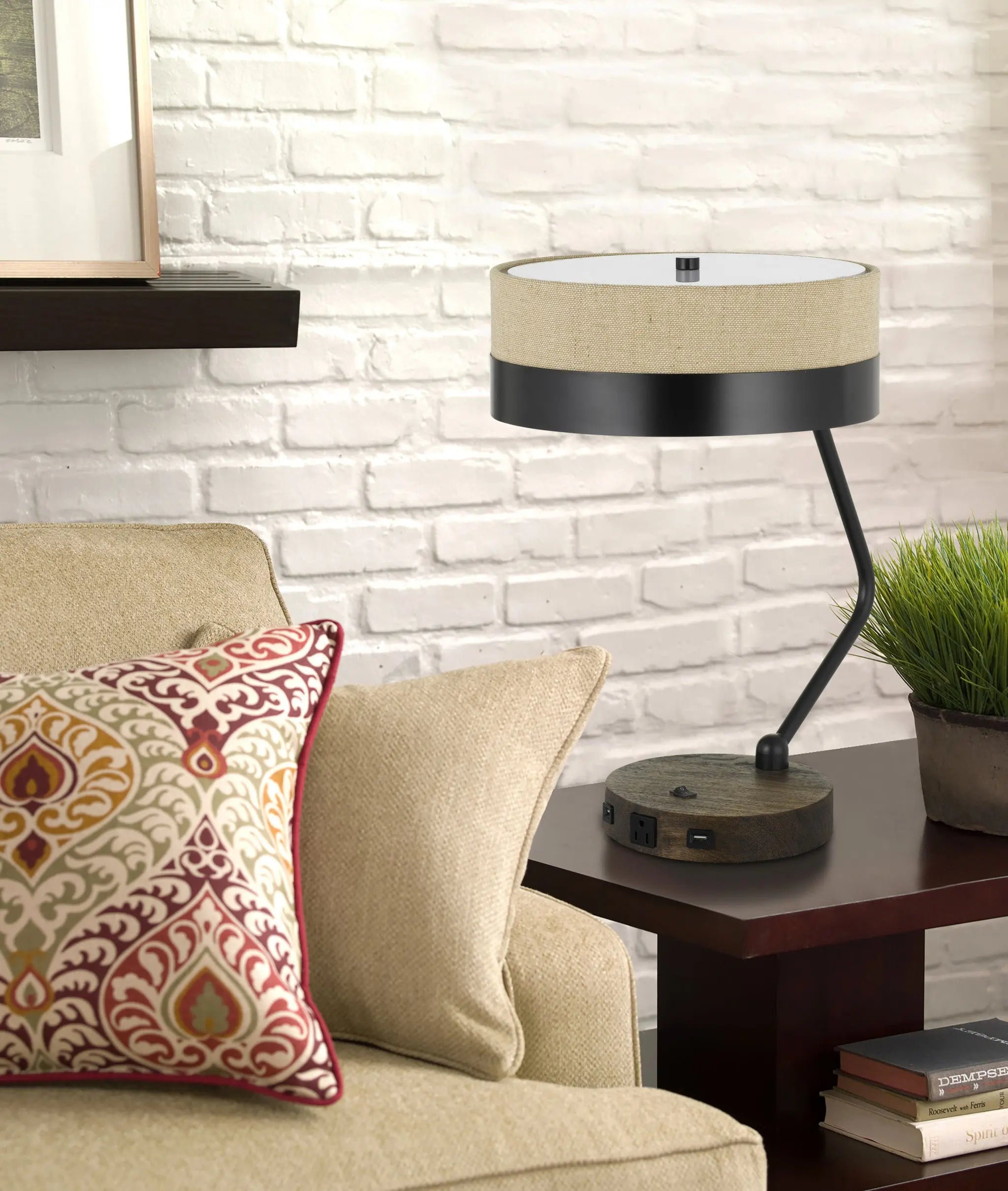 20" Black And Brown Wood And Metal Two Light USB Table Lamp With Beige And Black Shade - GreatEagleInc