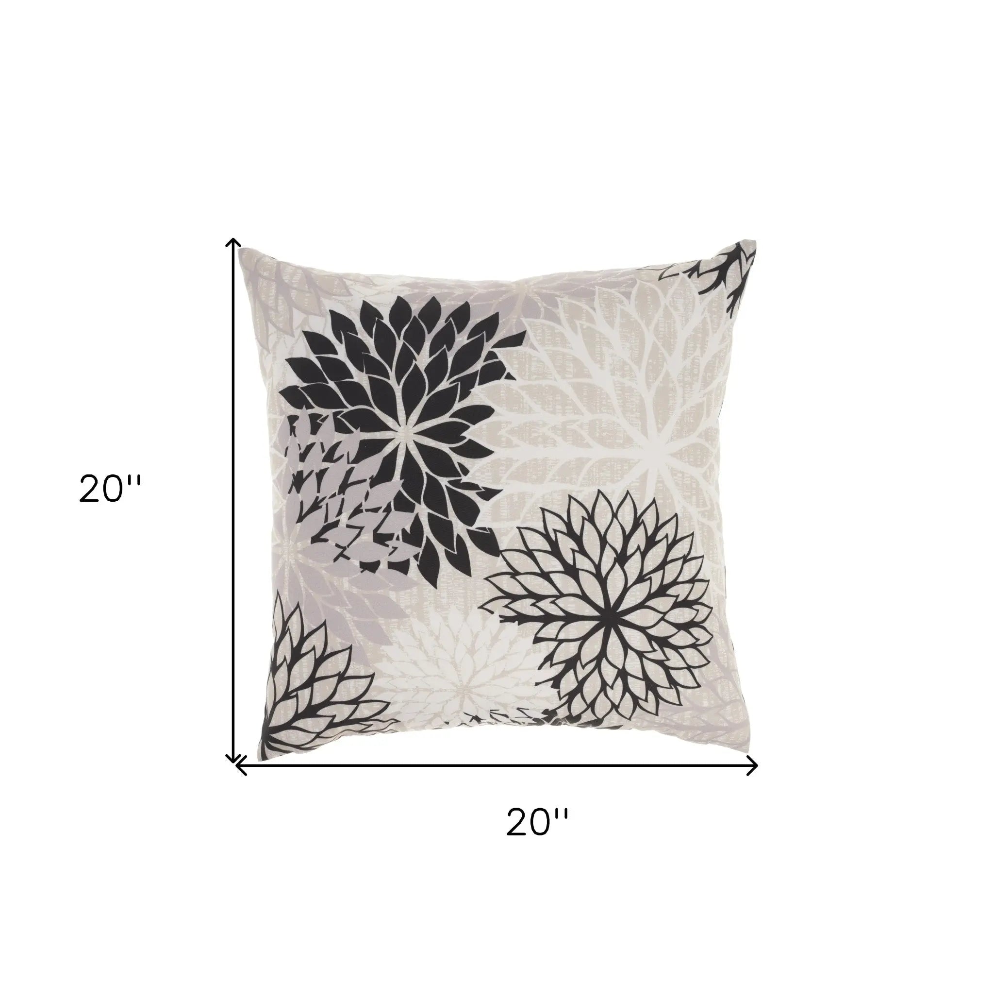 20" Black Gray and White Handmade Floral Indoor Outdoor Throw Pillow Homeroots Outdoor