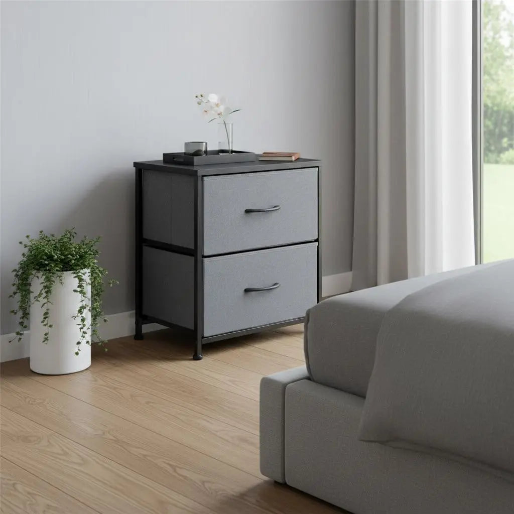 20" Black Iron and Wood Woven Texture Two Drawer Nightstand Homeroots Bed & Bath