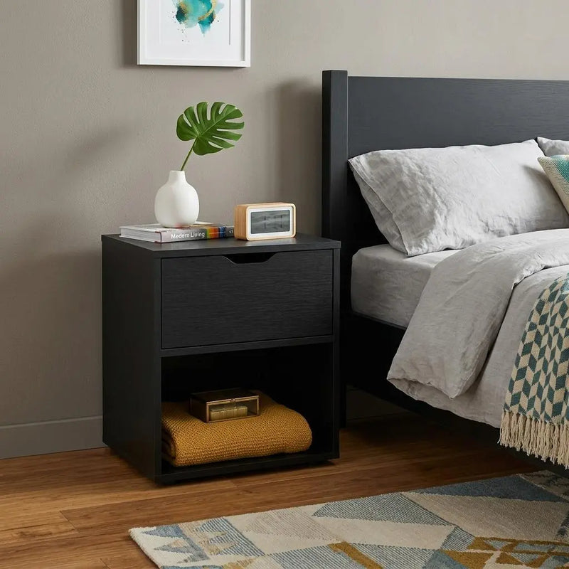 20" Black Wood One Drawer Nightstand Homeroots Bed & Bath
