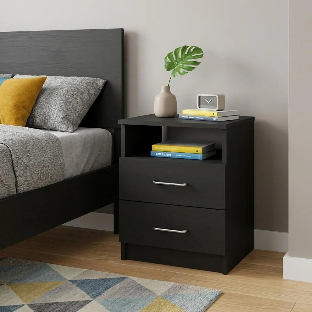 20" Black Wood Two Drawer Nightstand Homeroots Bed & Bath