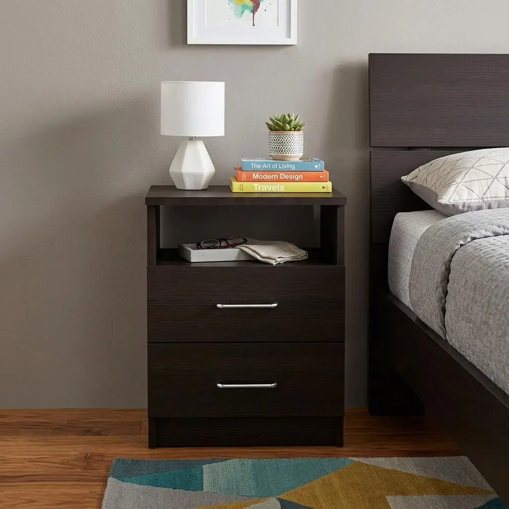 20" Black Wood Two Drawer Nightstand Homeroots Bed & Bath