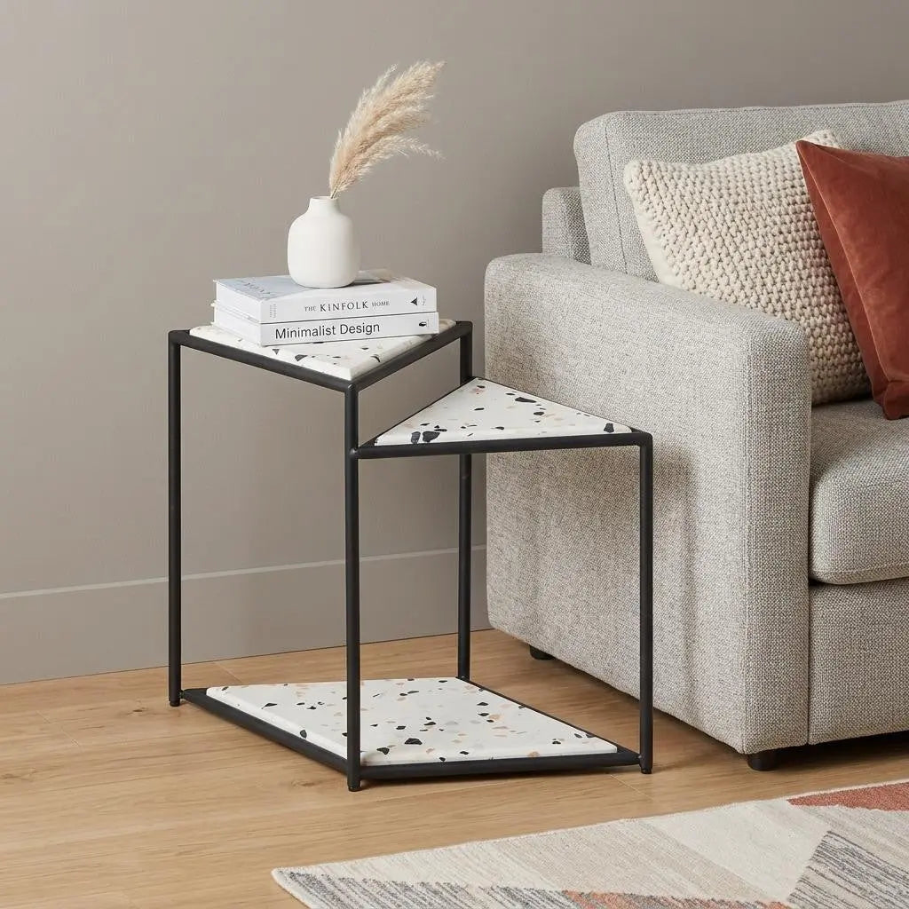 20" Black and White Wood and Steel Triangular Pedestal End Table Homeroots Living Room