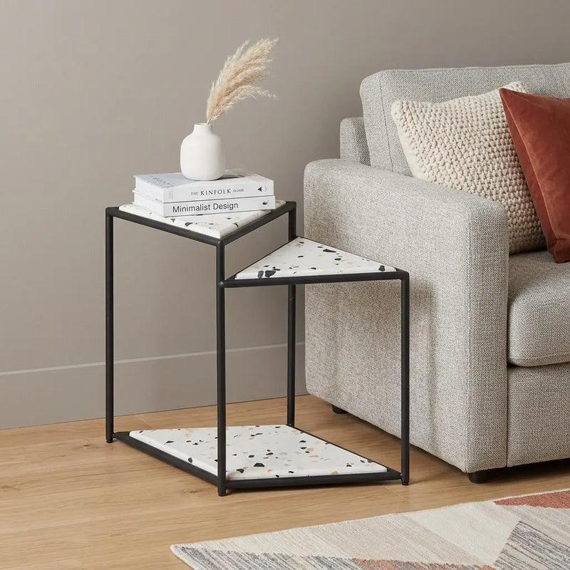 20" Black and White Wood and Steel Triangular Pedestal End Table Homeroots Living Room