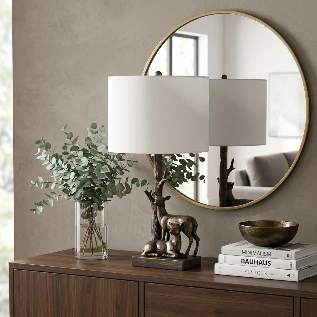 20" Bronze Mom and Baby Deer Table Lamp With White Drum Shade Homeroots Lighting