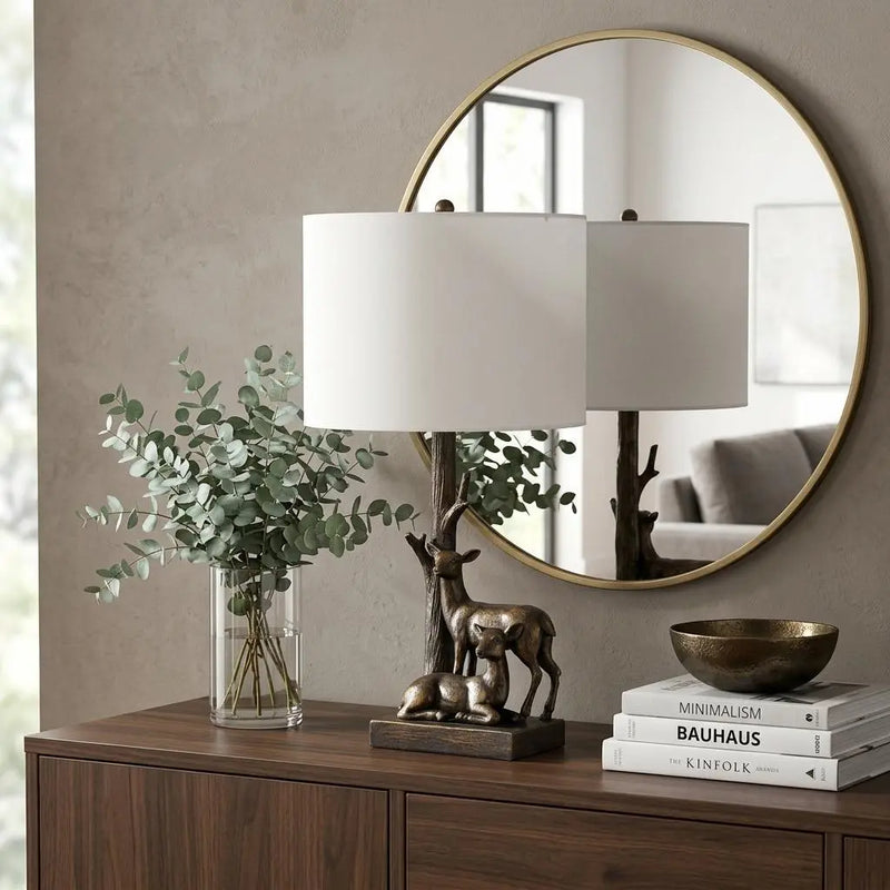 20" Bronze Mom and Baby Deer Table Lamp With White Drum Shade Homeroots Lighting