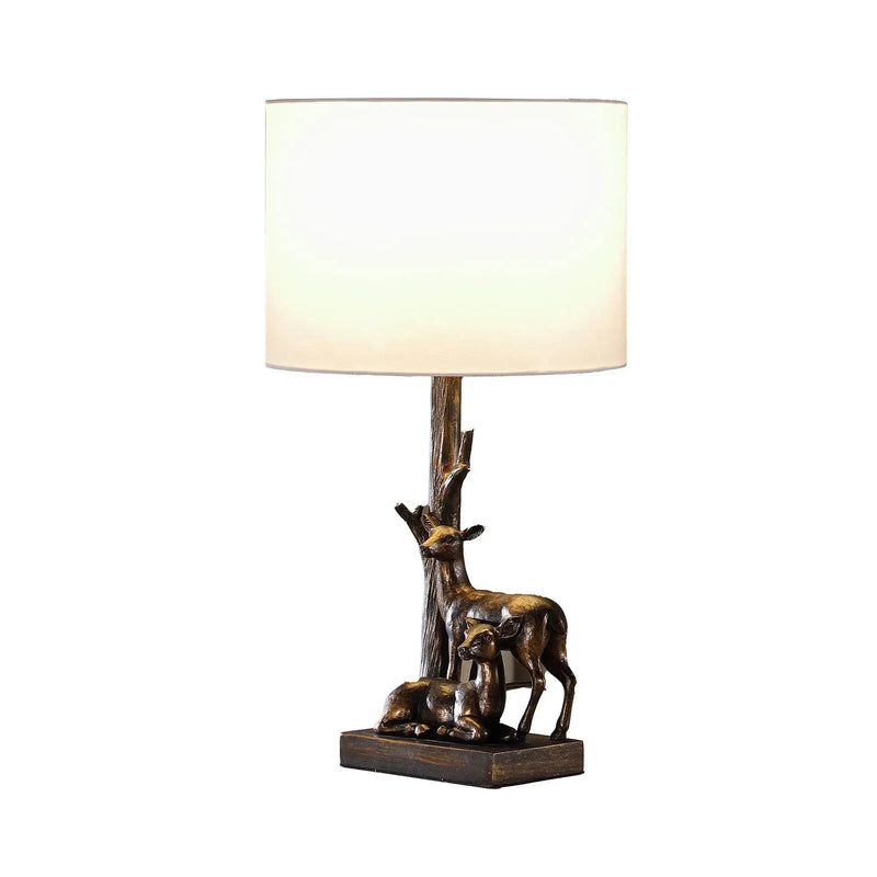 20" Bronze Mom and Baby Deer Table Lamp With White Drum Shade Homeroots Lighting