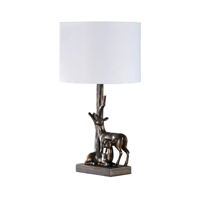 20" Bronze Mom and Baby Deer Table Lamp With White Drum Shade Homeroots Lighting