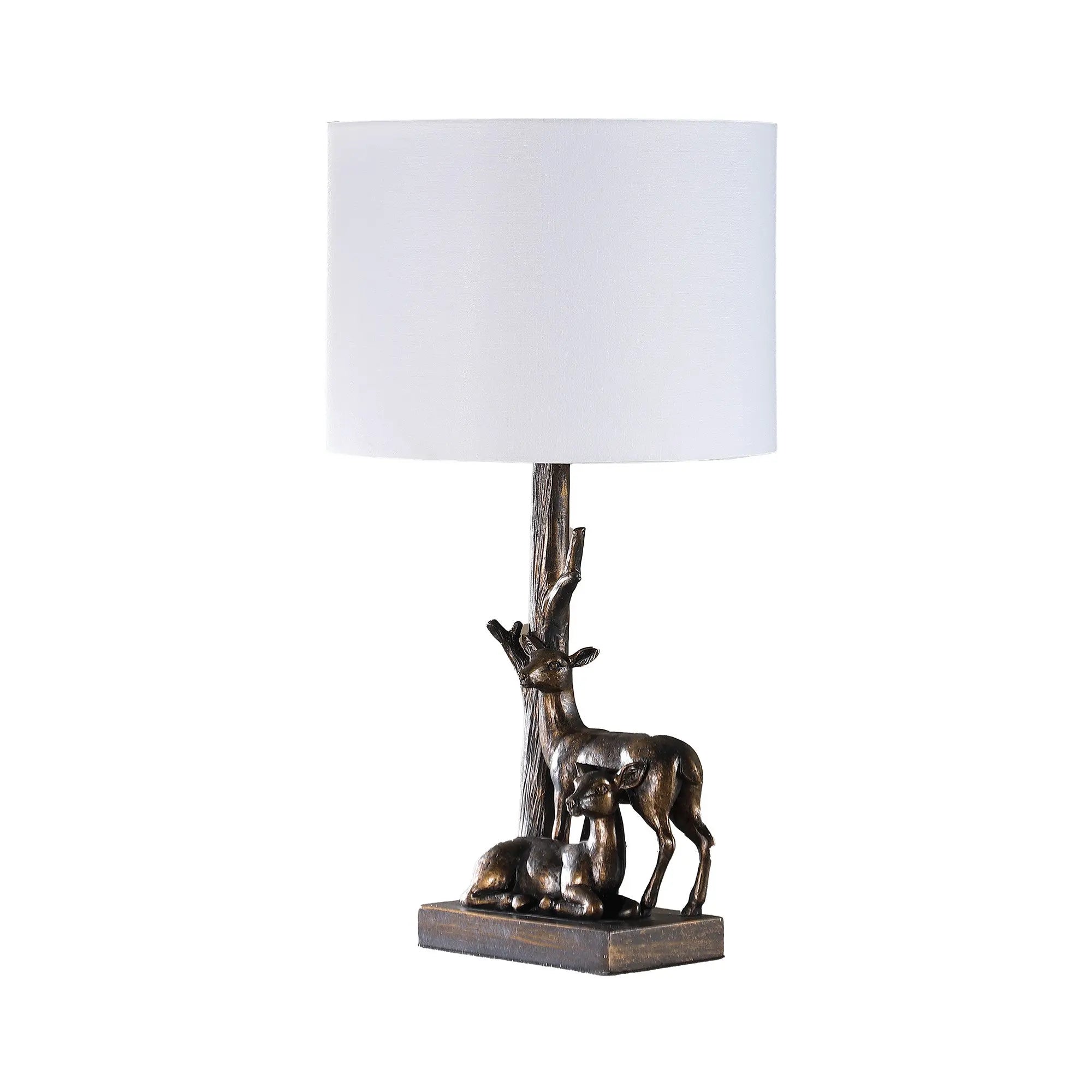 20" Bronze Mom and Baby Deer Table Lamp With White Drum Shade Homeroots Lighting