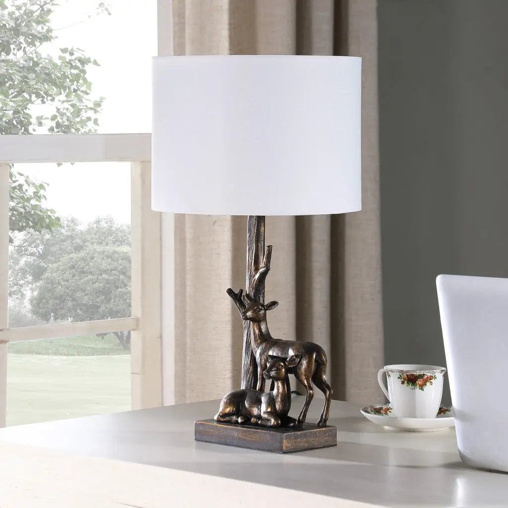 20" Bronze Mom and Baby Deer Table Lamp With White Drum Shade Homeroots Lighting