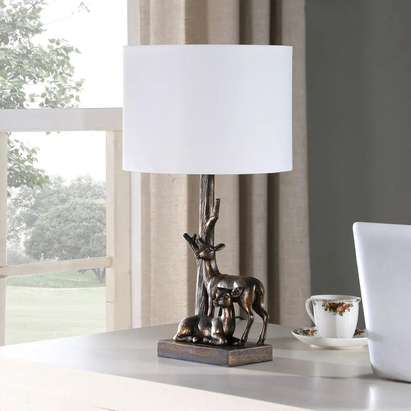 20" Bronze Mom and Baby Deer Table Lamp With White Drum Shade Homeroots Lighting