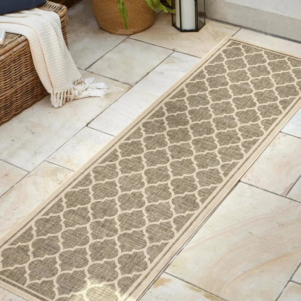 20' Brown And Beige Geometric Indoor Outdoor Runner Rug - GreatEagleInc