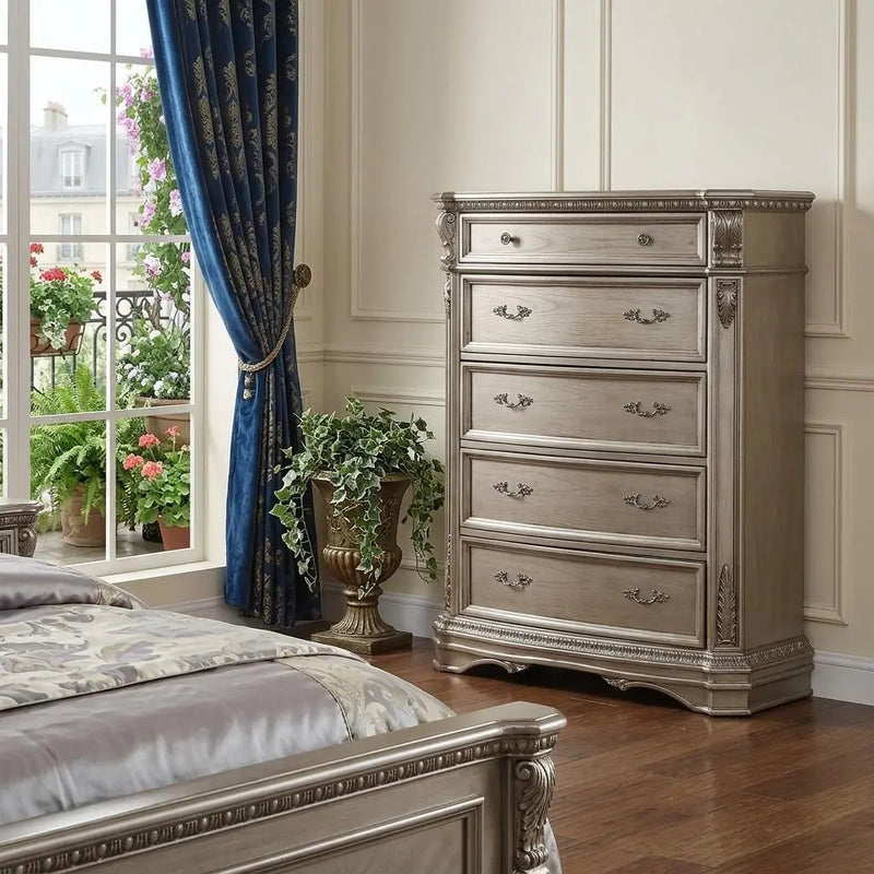 20" Champagne Carved Scrollwork Solid Wood Five Drawer Gentlemens Chest Homeroots Bed & Bath