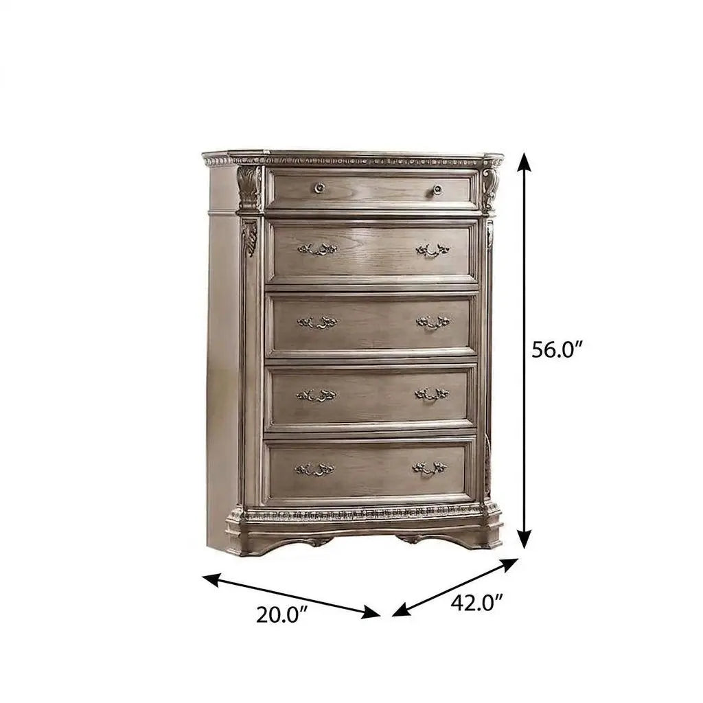 20" Champagne Carved Scrollwork Solid Wood Five Drawer Gentlemens Chest Homeroots Bed & Bath