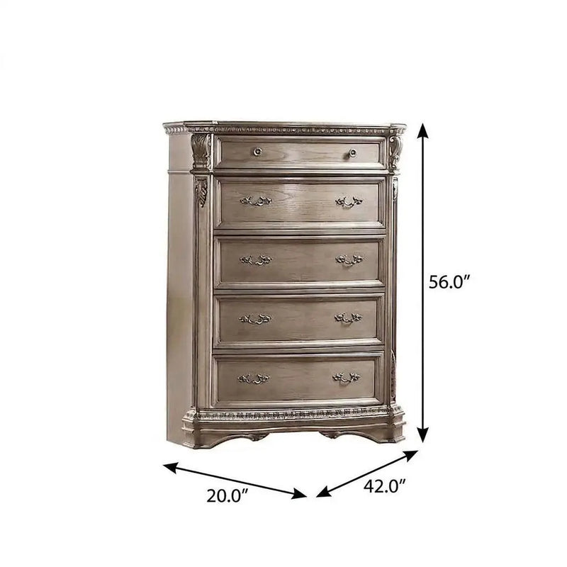 20" Champagne Carved Scrollwork Solid Wood Five Drawer Gentlemens Chest Homeroots Bed & Bath