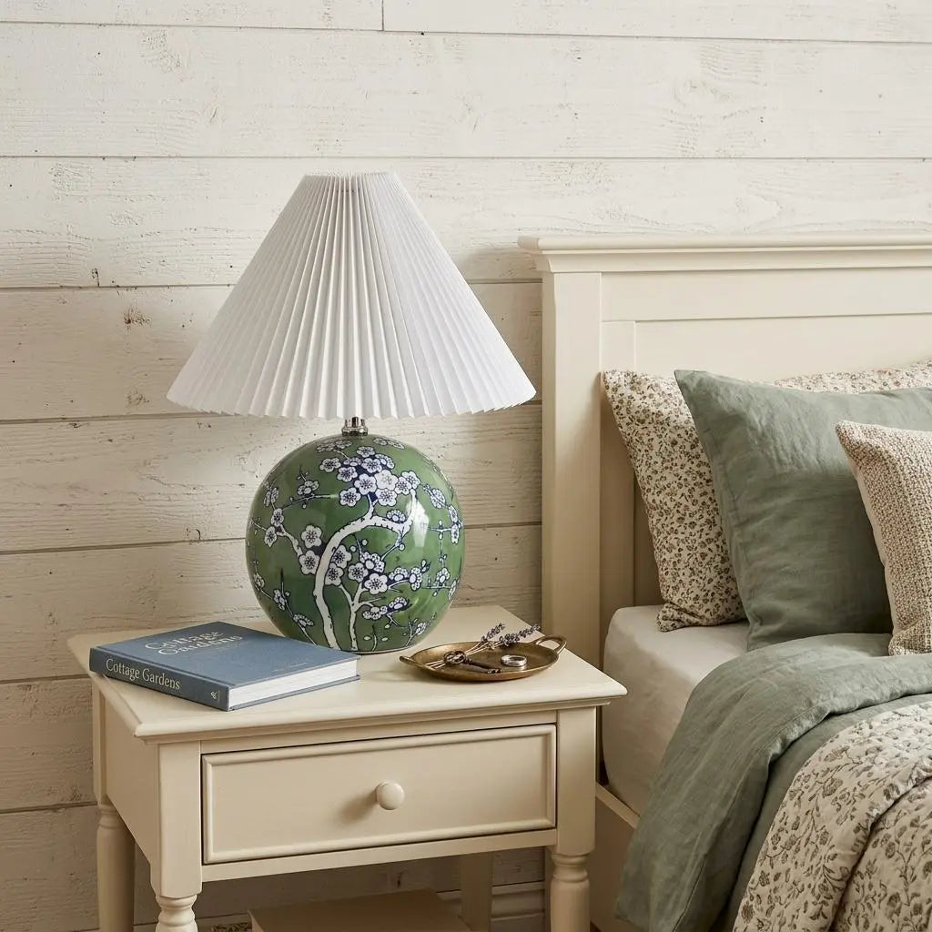 Green floral ceramic table lamp with white pleated shade on a beige nightstand in a cozy bedroom setting.