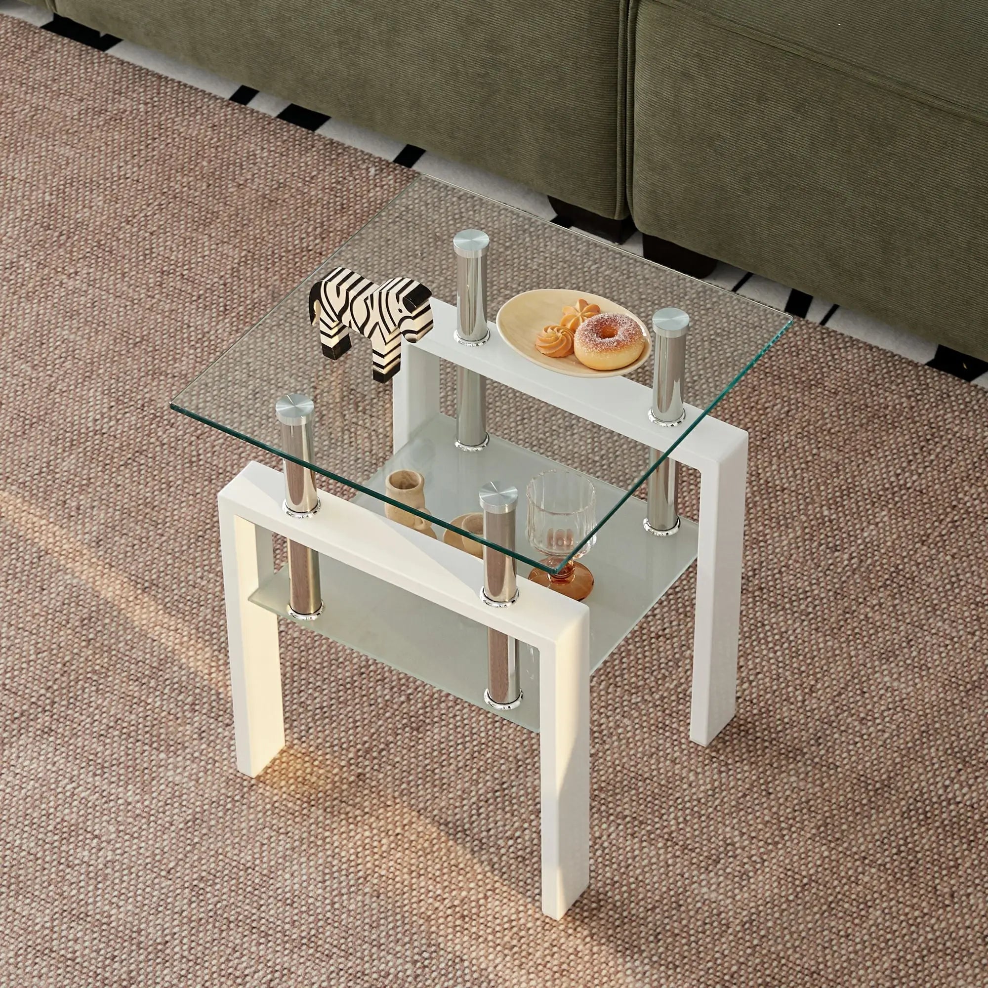 20" Clear and White Glass and Metal Square End Table With Shelf Homeroots Living Room
