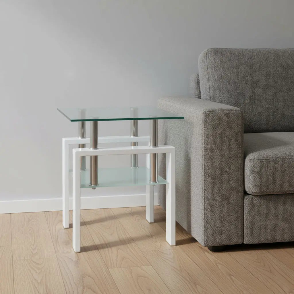 20" Clear and White Glass and Metal Square End Table With Shelf Homeroots Living Room