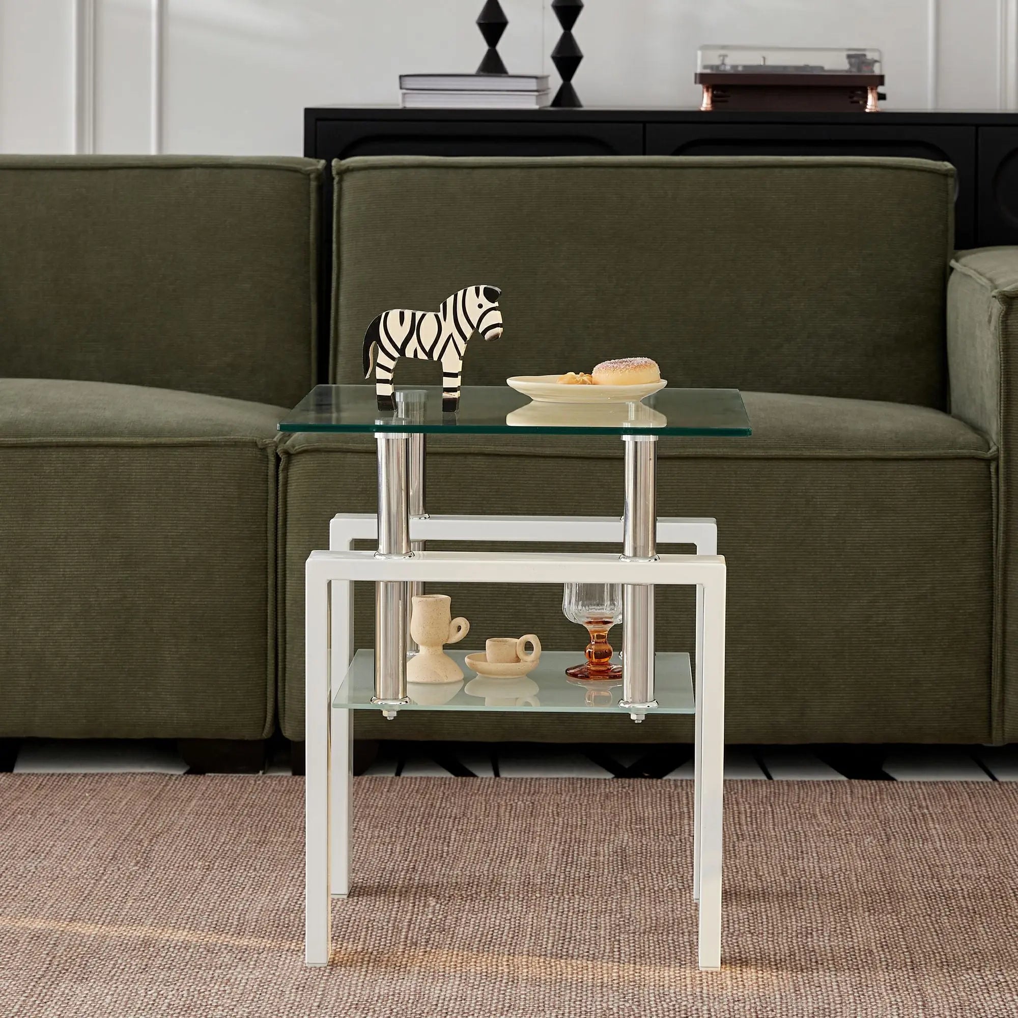 20" Clear and White Glass and Metal Square End Table With Shelf Homeroots Living Room