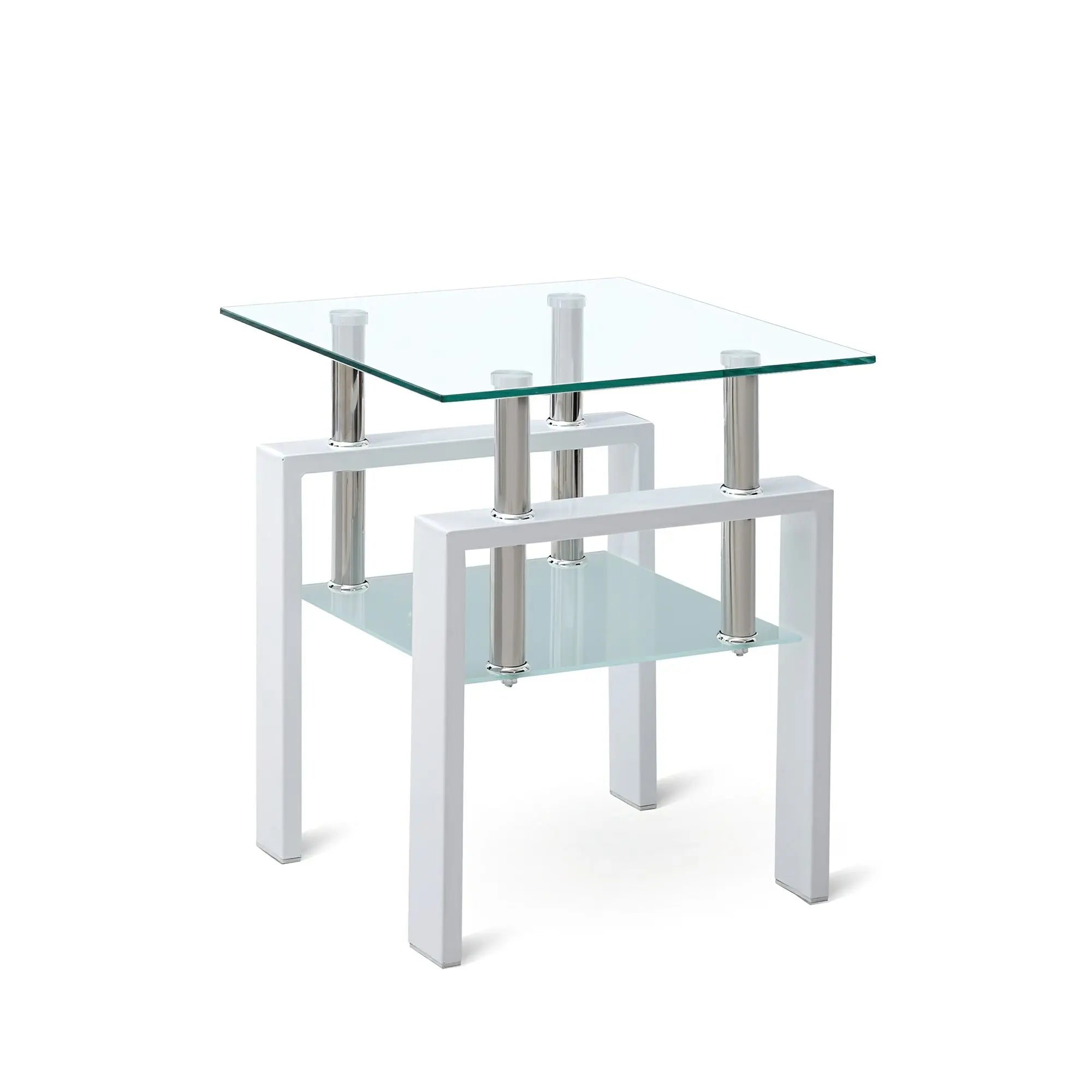 20" Clear and White Glass and Metal Square End Table With Shelf Homeroots Living Room