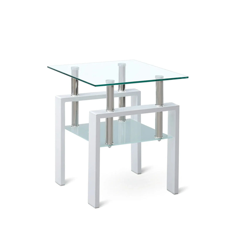 20" Clear and White Glass and Metal Square End Table With Shelf Homeroots Living Room