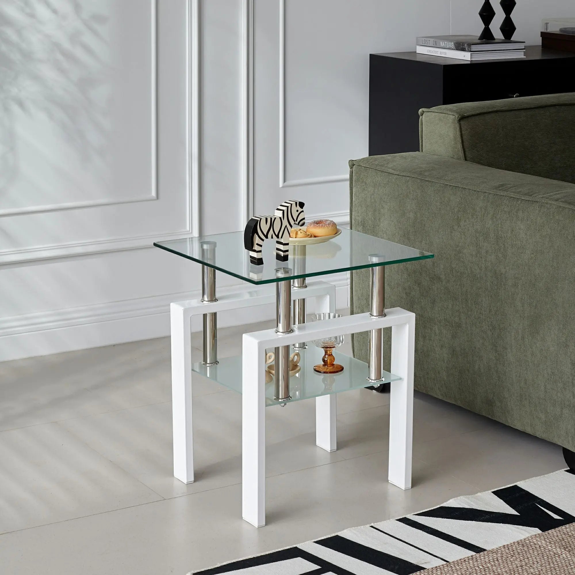 20" Clear and White Glass and Metal Square End Table With Shelf Homeroots Living Room