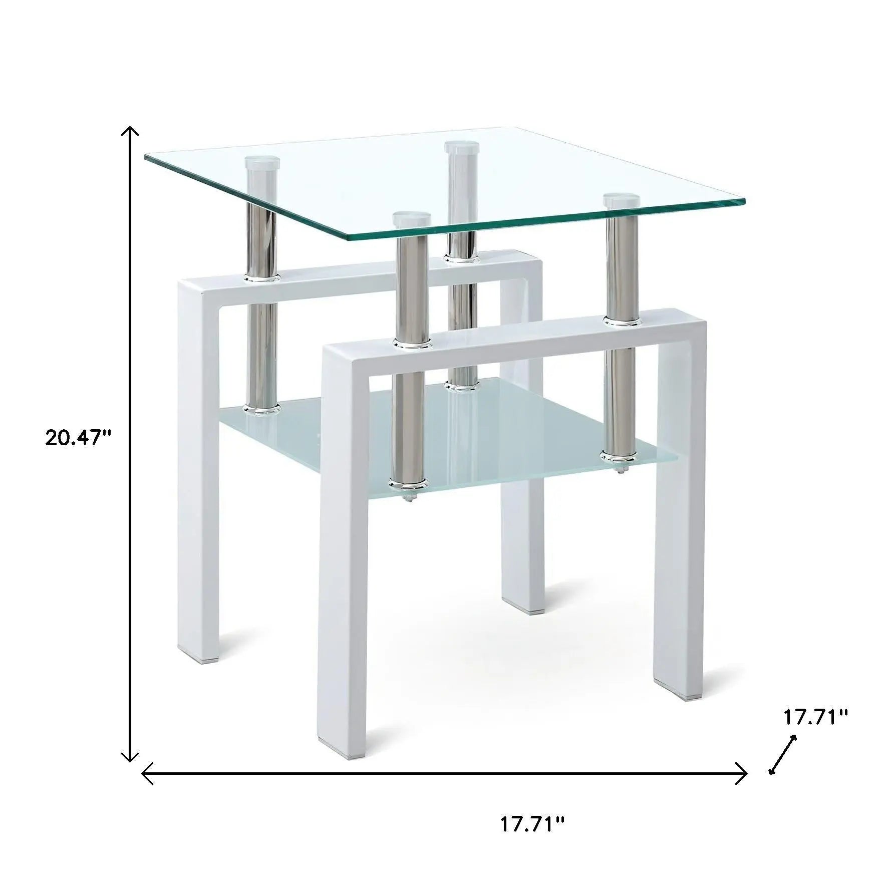 20" Clear and White Glass and Metal Square End Table With Shelf Homeroots Living Room