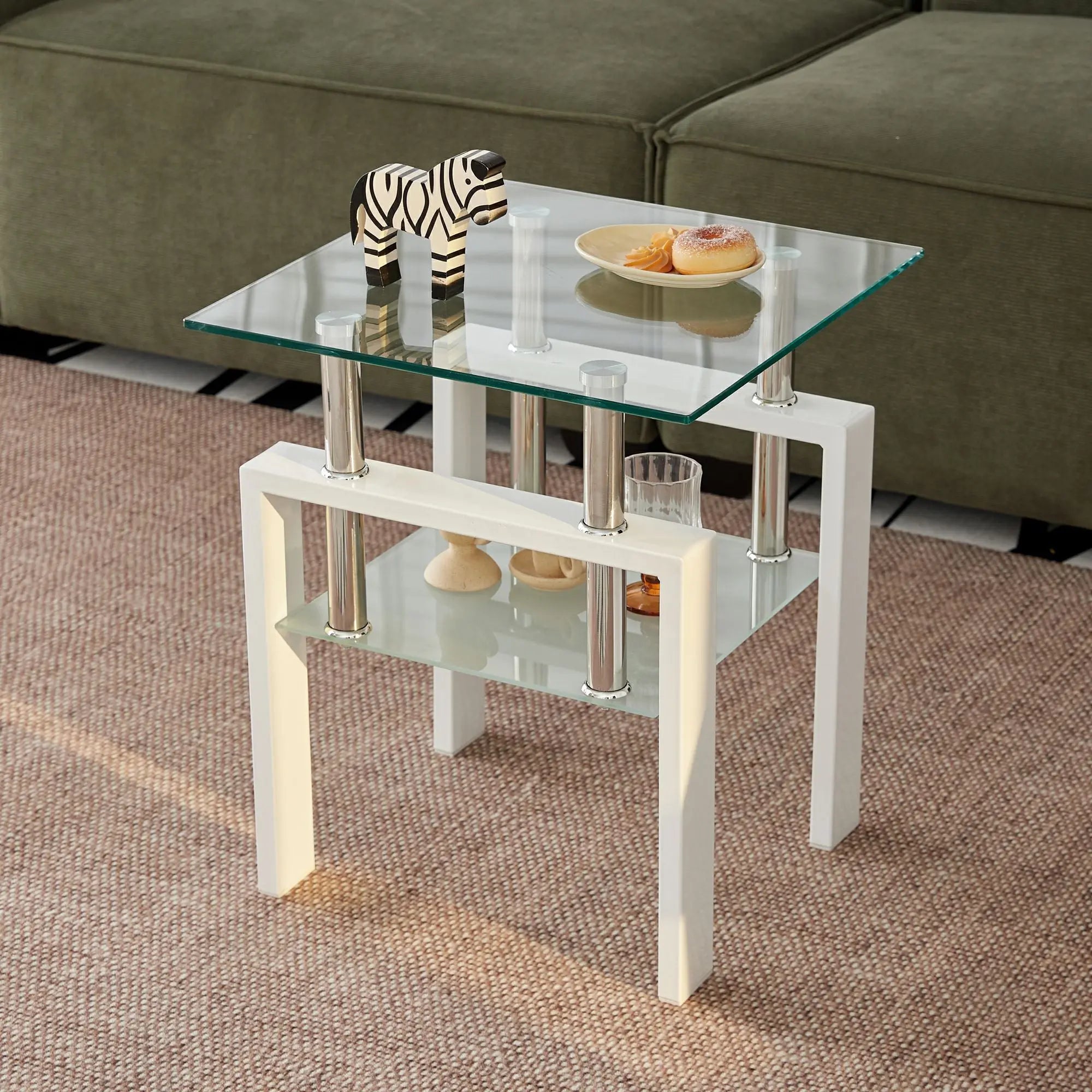 20" Clear and White Glass and Metal Square End Table With Shelf Homeroots Living Room