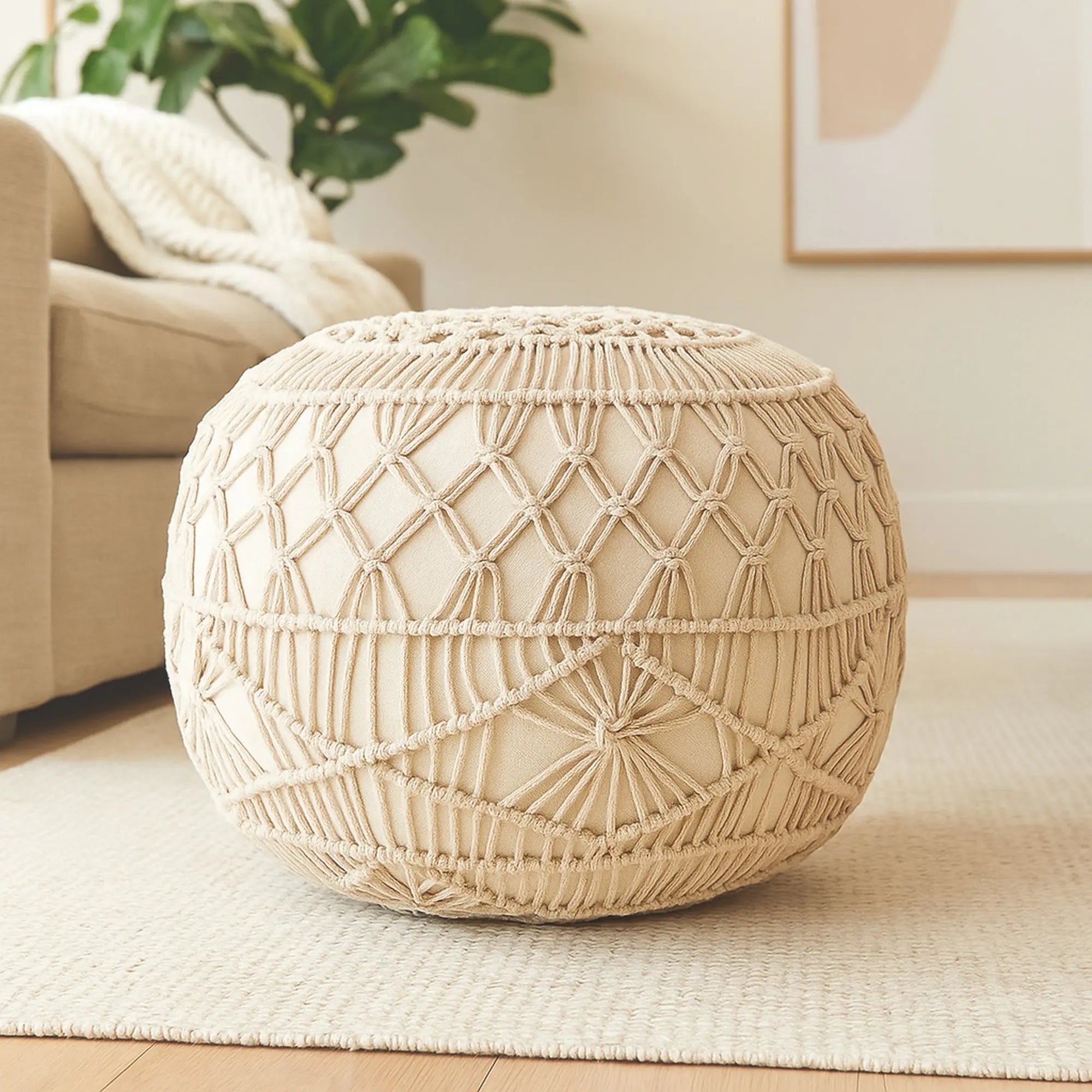 20" Cream Cotton Tufted Round Geometric Pouf Ottoman Homeroots Living Room