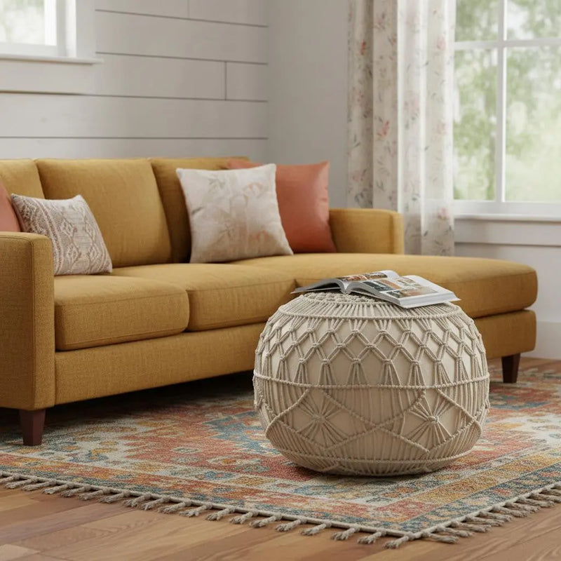 20" Cream Cotton Tufted Round Geometric Pouf Ottoman Homeroots Living Room