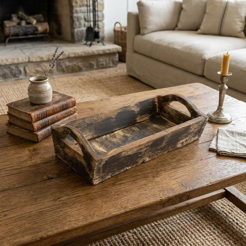 20" Dark Brown Reclaimed Wood Handmade Serving Tray With Handles Homeroots Kitchen & Dining