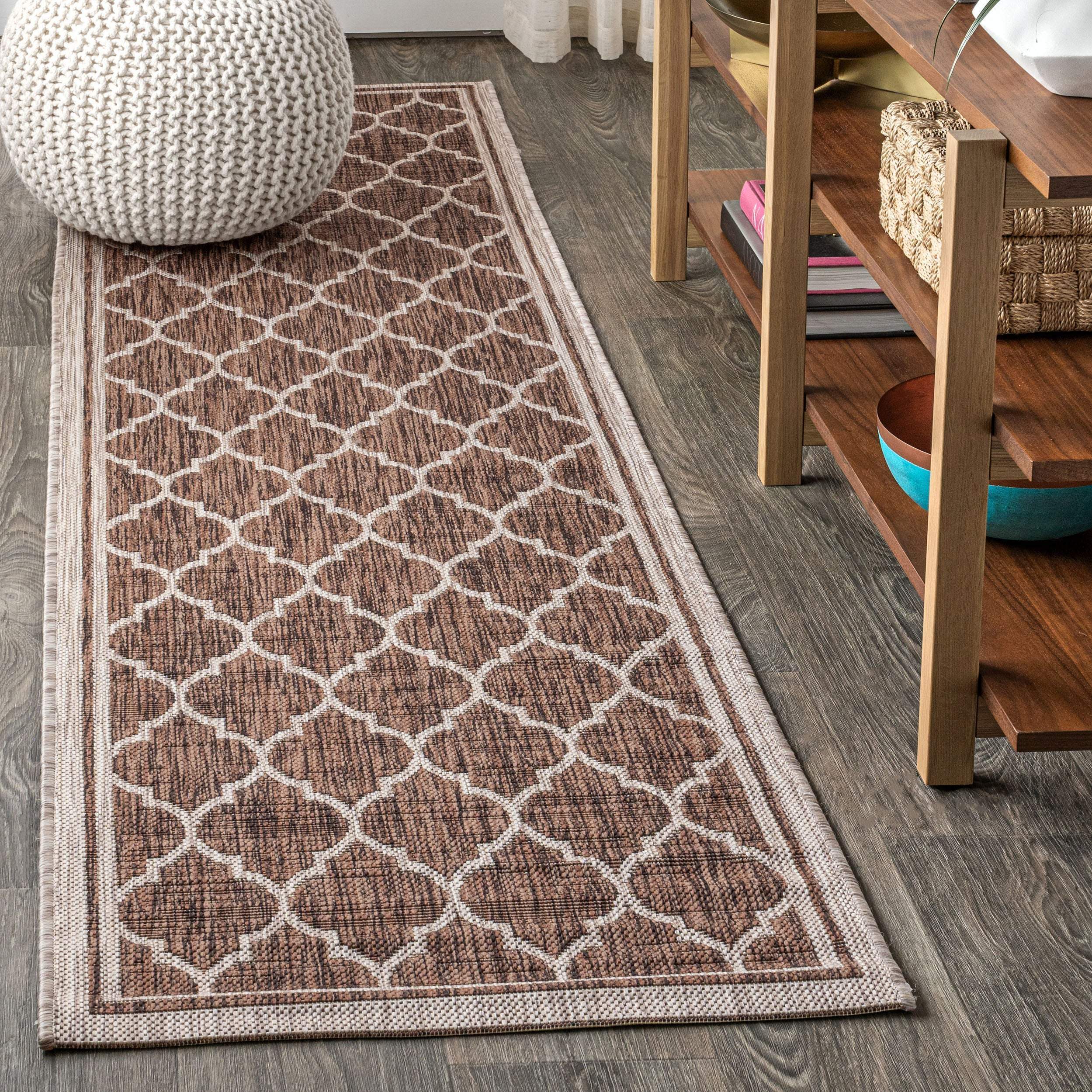 20' Espresso And Taupe Geometric Indoor Outdoor Runner Rug - GreatEagleInc