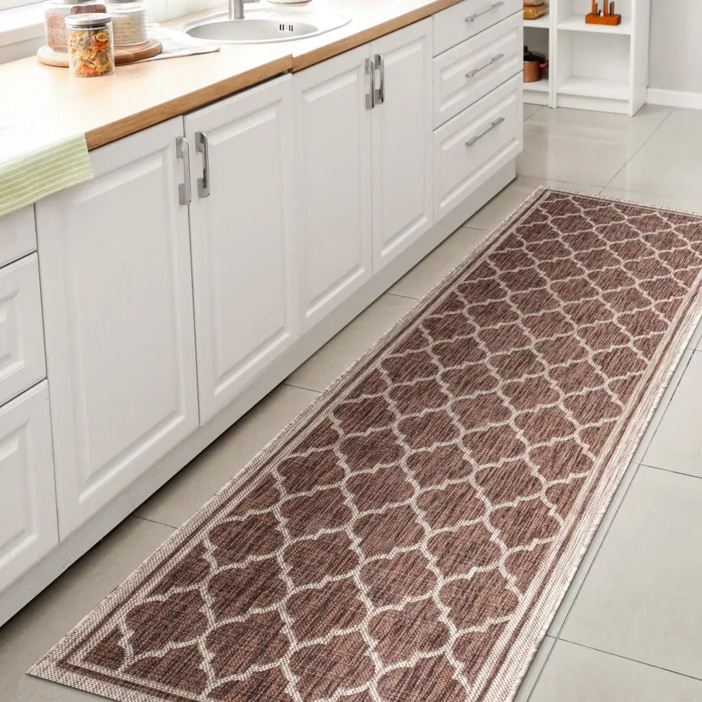 20' Espresso And Taupe Geometric Indoor Outdoor Runner Rug - GreatEagleInc