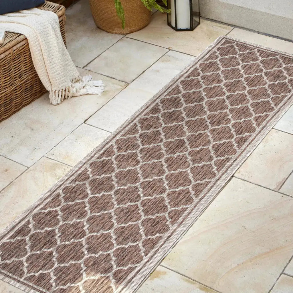 20' Espresso And Taupe Geometric Indoor Outdoor Runner Rug - GreatEagleInc