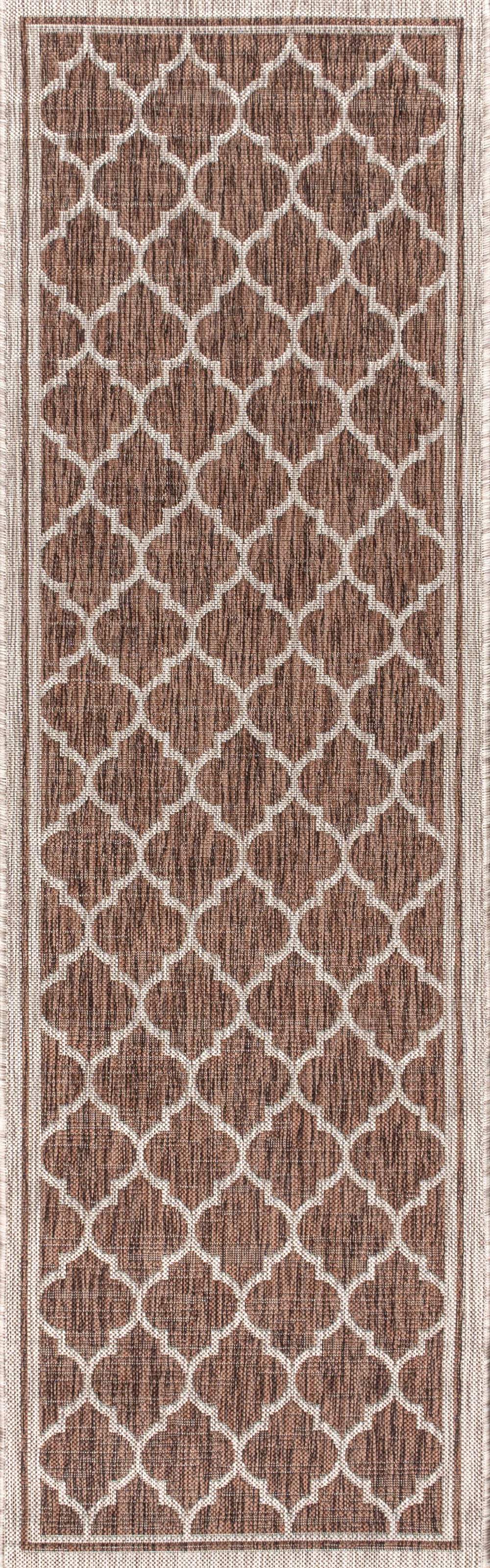 20' Espresso And Taupe Geometric Indoor Outdoor Runner Rug - GreatEagleInc