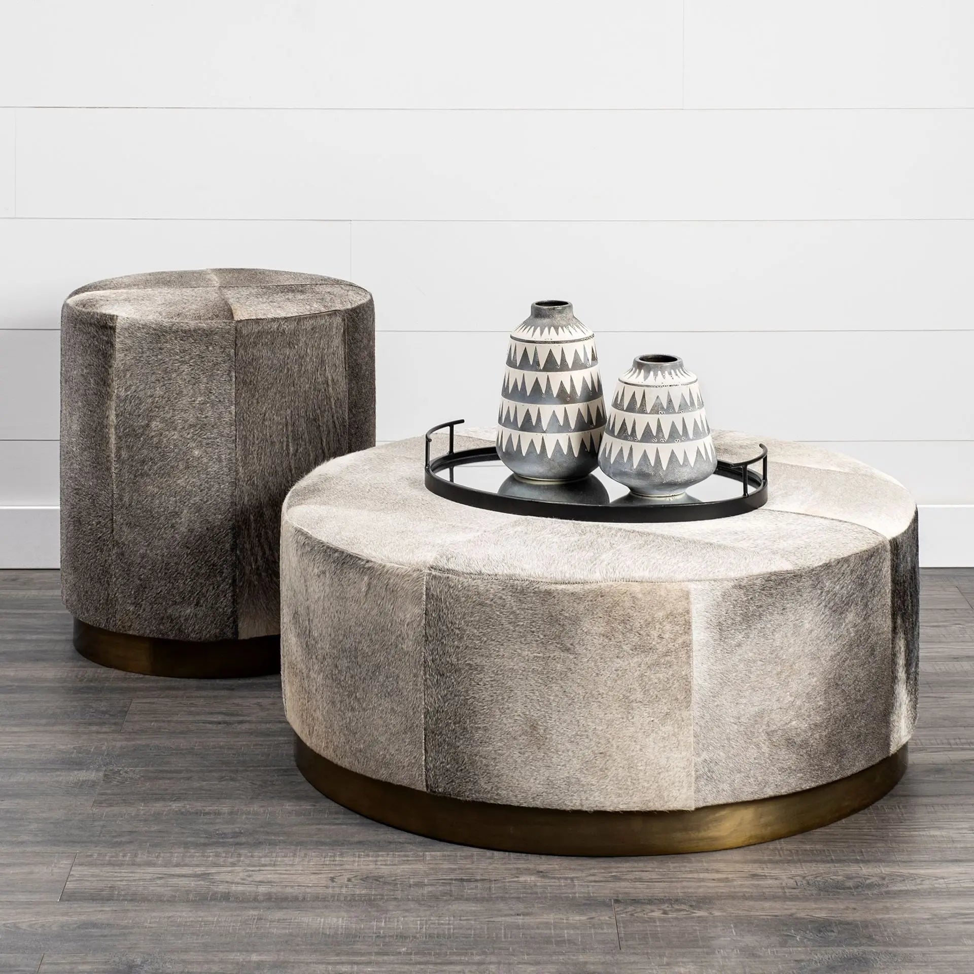 20" Gray Wool And Brown Footstool Ottoman Homeroots Living Room