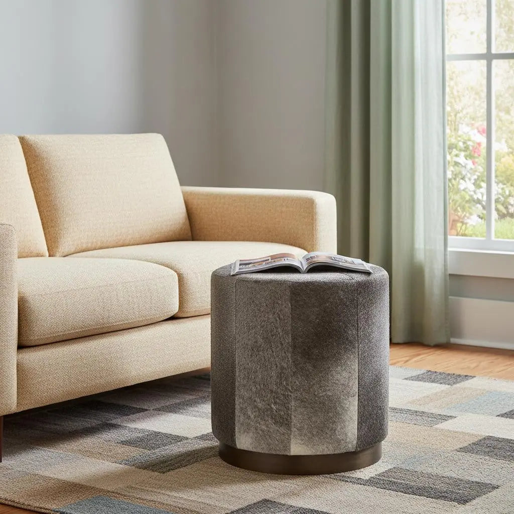 20" Gray Wool And Brown Footstool Ottoman Homeroots Living Room