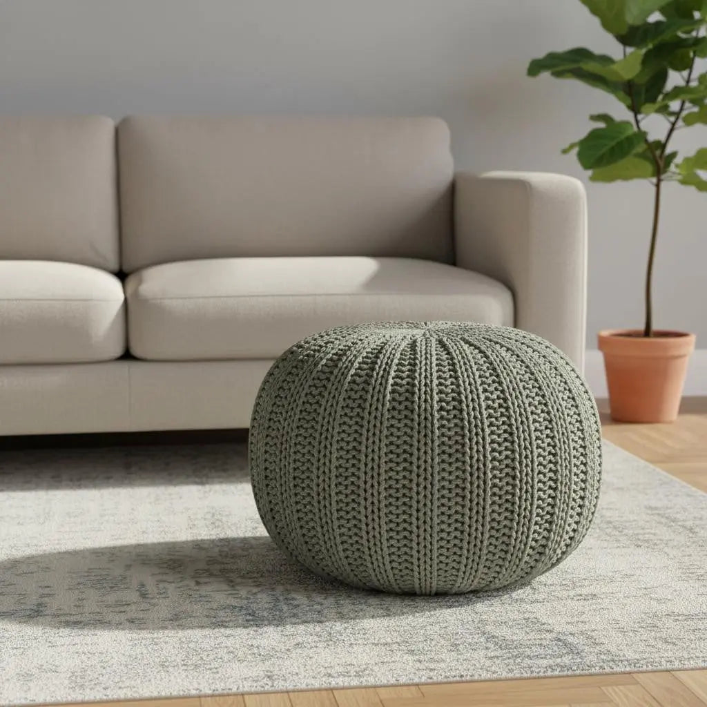 20" Green Cotton Cable Knit Round Pouf Ottoman Homeroots Living Room