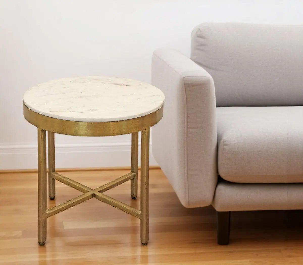 20" Ivory and Brass Marble and Iron Round Cross Legs End Table Homeroots Living Room