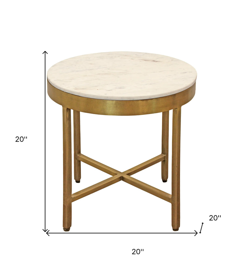 20" Ivory and Brass Marble and Iron Round Cross Legs End Table Homeroots Living Room