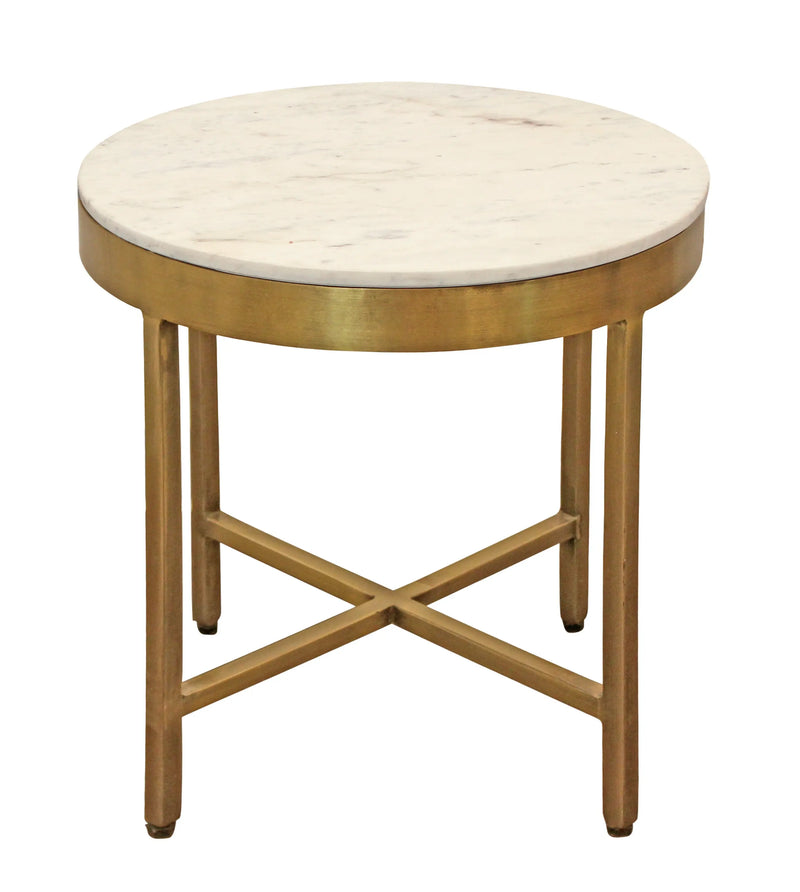20" Ivory and Brass Marble and Iron Round Cross Legs End Table Homeroots Living Room