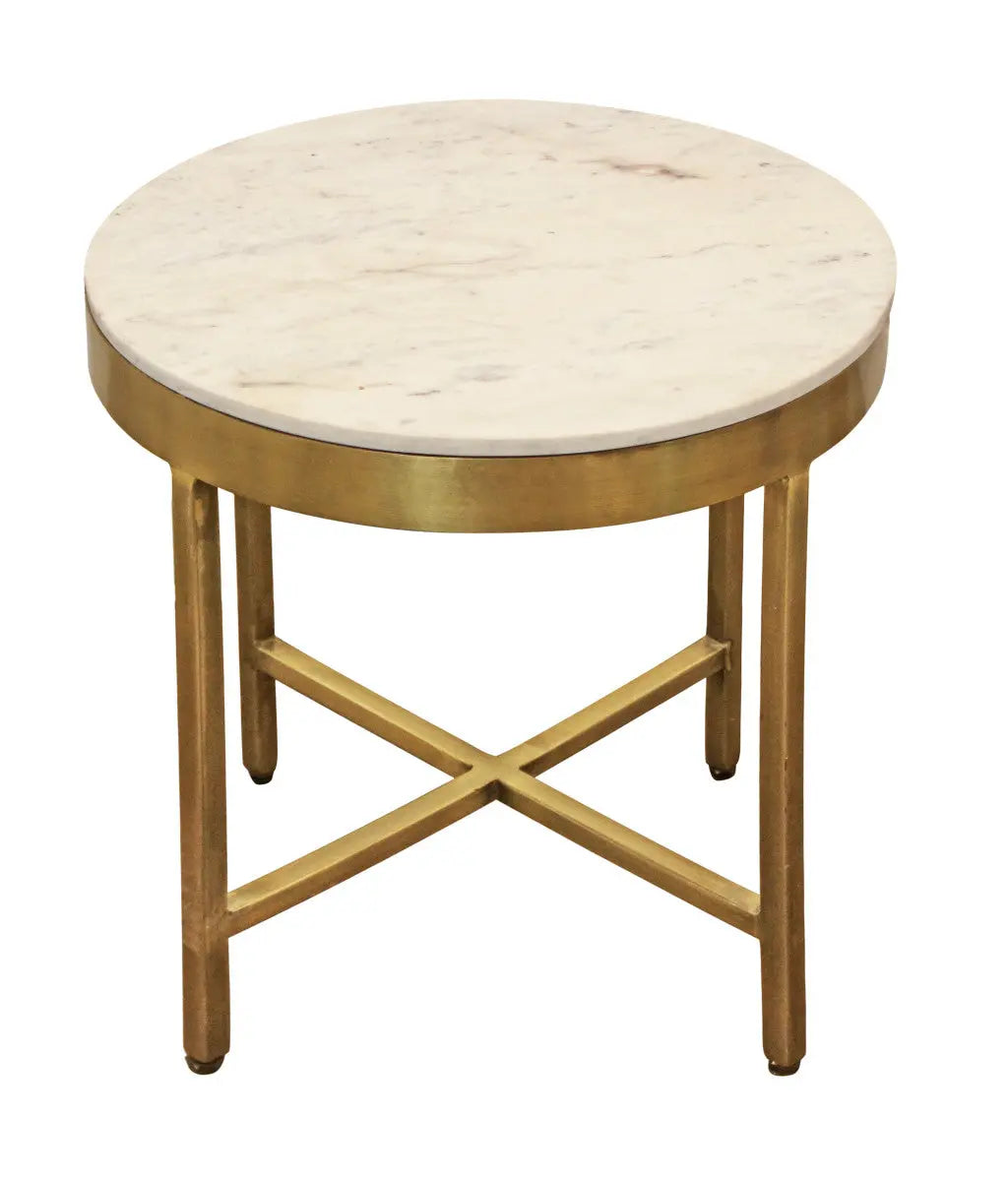 20" Ivory and Brass Marble and Iron Round Cross Legs End Table Homeroots Living Room