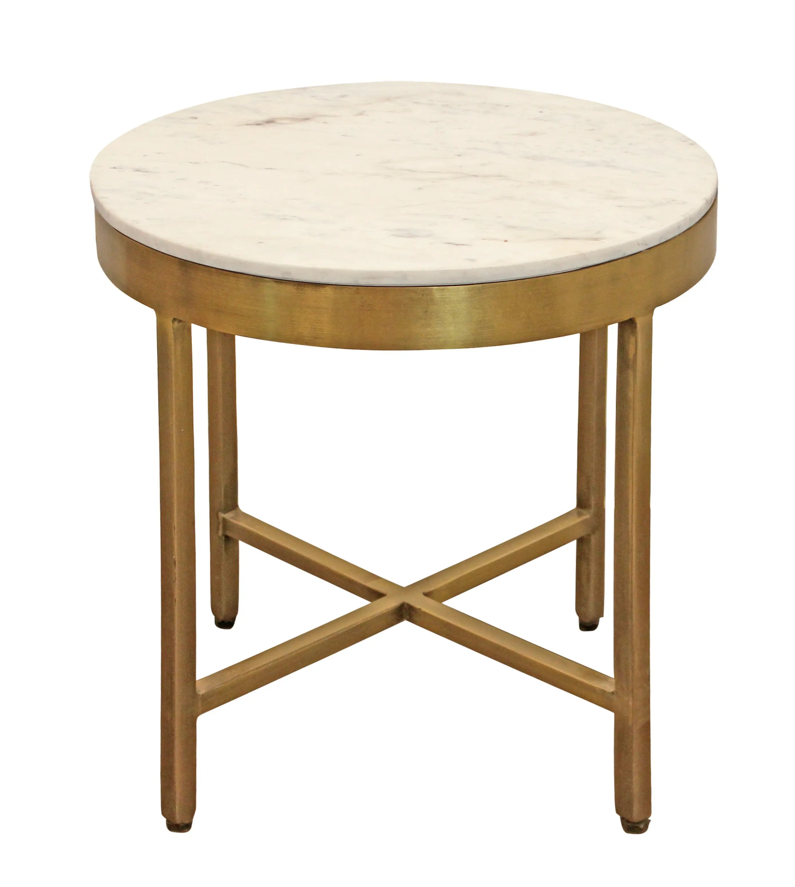 20" Ivory and Brass Marble and Iron Round Cross Legs End Table Homeroots Living Room
